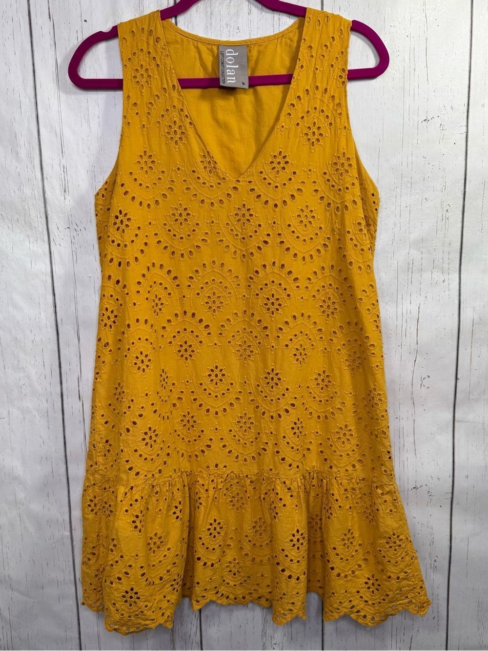 Dolan Mustard Eyelet Cotton Sleeveless Shift Dress Size L Boho Cottagecore M